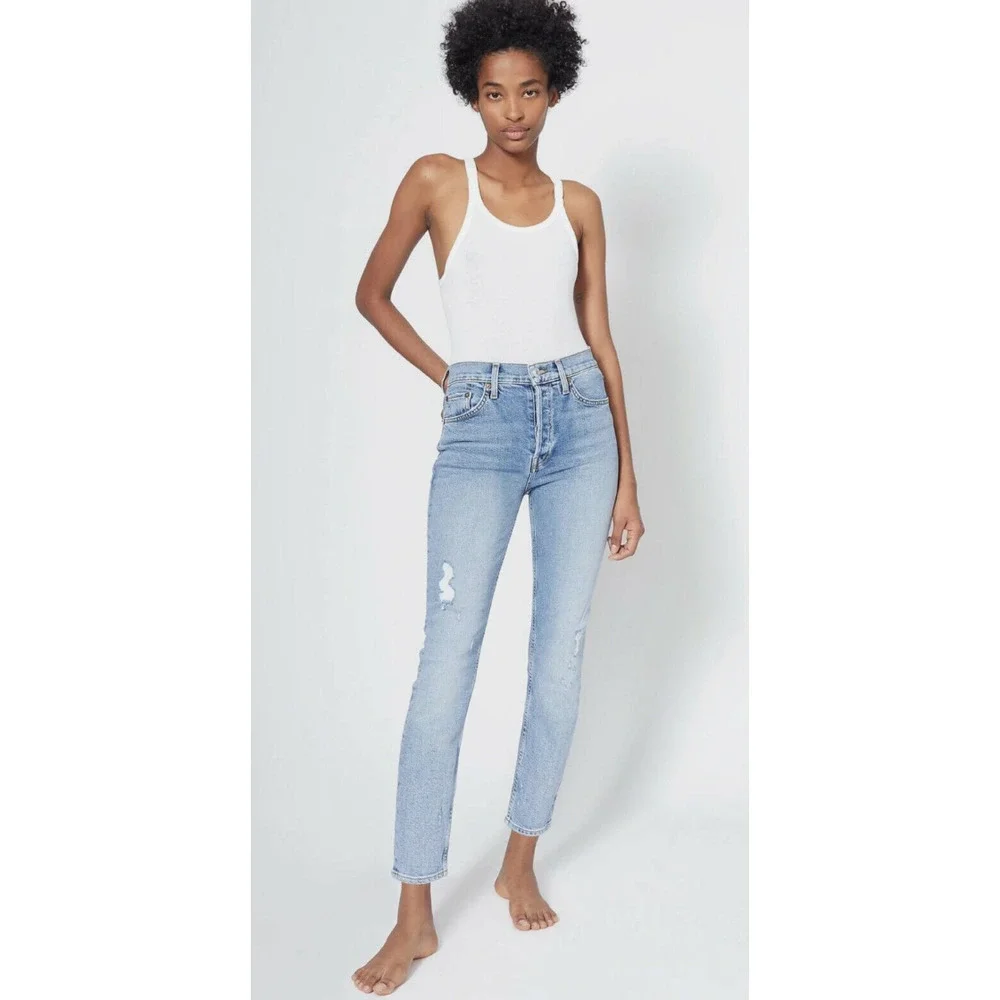 RE/DONE High Rise Ankle Crop Skinny Denim Jeans Blue Distressed Size 31